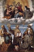 MORETTO da Brescia Saint Bernardino with Saints Jerome,Joseph,Francis and Nicholas of Bari,Virgin and Child in Glory with Saints Catherine of Alexandria and Clare oil painting on canvas